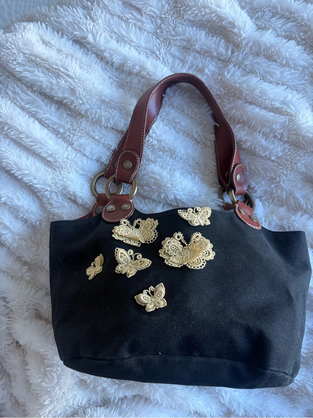 Vintage Moschino Canvas Tote with Brown Handles and Gold Butterfly Appliqués